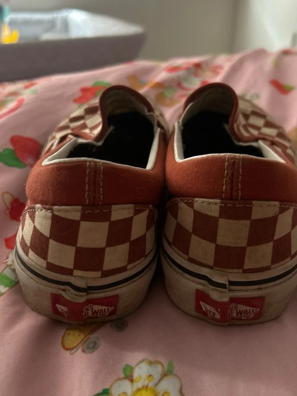 Vans Slip-On Checkerboard Sneakers in Red and White